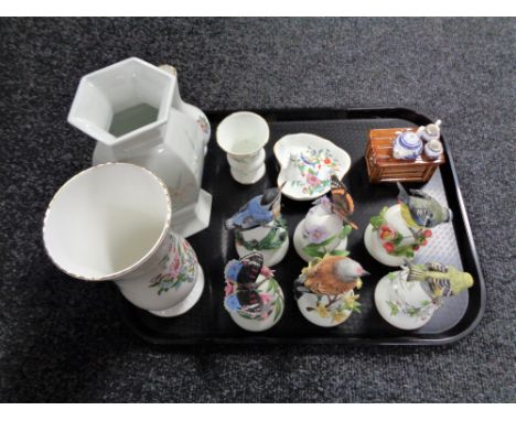 A tray containing assorted china to include six flower encrusted bird and butterfly decorated bells, Aynsley and Royal Grafto