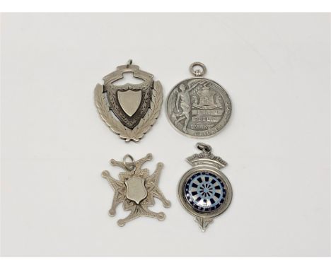 A silver Birmingham Public Parks Cricket Association medal, together with a silver and enamel darts medal and two further sil