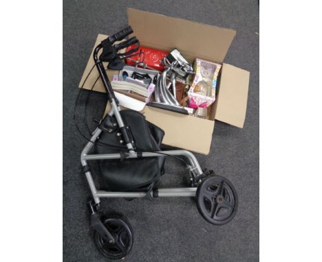 A folding disability walking aid together with a box of miscellania to include ceramic post box money box, Leonardo figure of