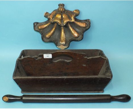 A 19th century mahogany two-division cutlery tray, 45 x 27cm, a lignum vitae rolling pin and other items.