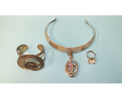 A Danish white metal torq with amethyst pendant by Erik Dennung for Buch &amp; Deichmann, a modernist bangle by the same desi