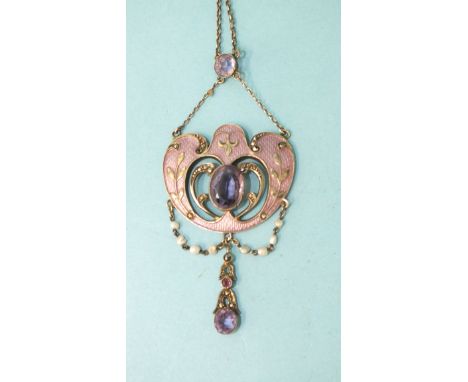 An Art Nouveau style necklace set oval amethyst within violet guilloche enamelled silver plaque set marcasite, with pearl swa