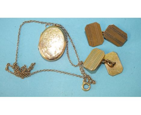 A 9ct gold (front and back) locket on chain, 4.3g and a pair of gold-plated engine turned cufflinks.