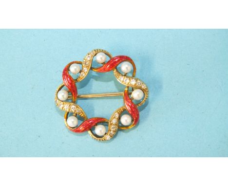 A diamond and pearl wreath brooch of intertwined diamond set and pink enamelled ribbons around eight cultured pearls, unmarke