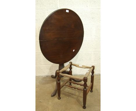 A 19th century turned yew wood stool frame, 36 x 36cm and a Georgian mahogany tripod tilt-top table, 70cm diameter, (2).