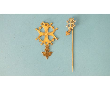 A French 18ct gold Huguenot cross and bird pendant and a similar stick pin, (2) 2.7g.