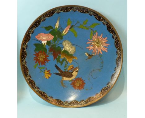 A cloisonné enamel charger decorated with a bird, butterfly and flowers, 35.5cm diameter.