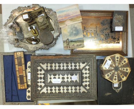A trench art box and cover engraved Tank Corps, and decorated with foliage, 5cm high, a brass model of a horse-drawn carriage