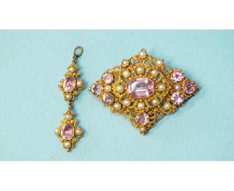 A 19th century pink topaz panel brooch, the lozenge shape panel centrally set a step cut topaz within pearl set cannetille su