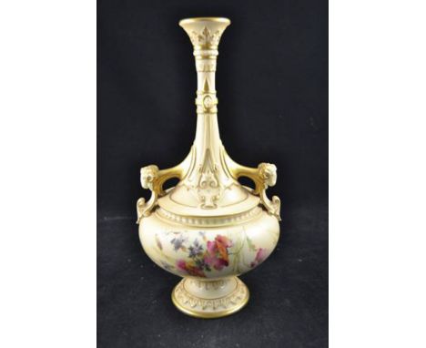 A Royal Worcester blush ivory tall necked vase, painted floral decoration, rams head handles, printed mark to base with date 