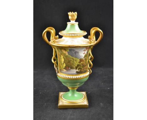 A Flight Barr & Barr green ground vase and cover, gilt snake handles, painted with named view 'On the Derwent, near Matlock, 