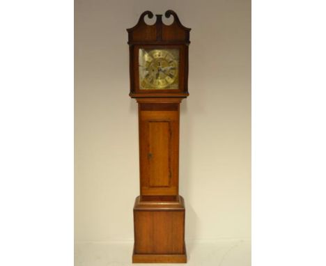 A late 18th/early 19th century inlaid oak longcase clock, 30cm square brass dial with cherub spandrels, subsidiary seconds di