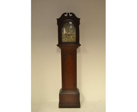 An 18th century scumbled pine longcase clock with arched pediment, silvered dial with date aperture inscribed Roger Wearn, St