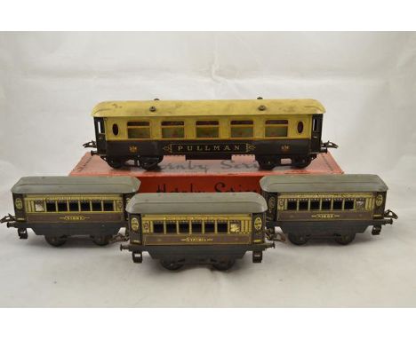 A Hornby O gauge no.2 Pullman coach (C556) - boxed, together with three Hornby vintage Pullman coaches, Niobe (2) and Cynthia