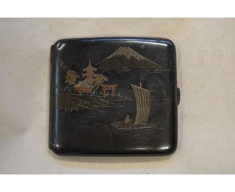 A signed Japanese white metal cigarette case with multicoloured metal inlay depicting lake scene below Mount Fuji, 8x7.5cm - 