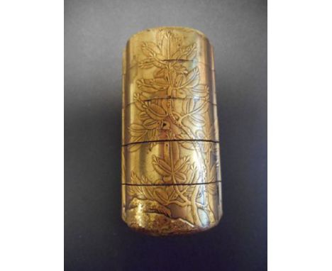 A Japanese four case gilt lacquer inro, decorated with foliate design on rocky base to one side and chicken group to the reve