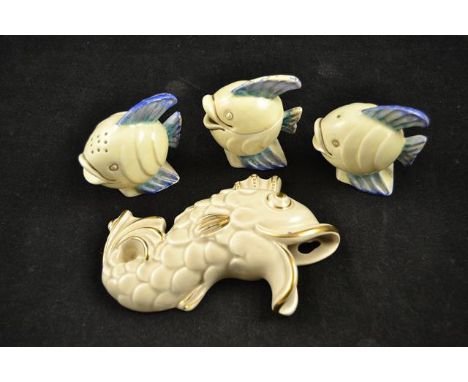 A Clarice Cliff 'Mr Fish' three piece cruet set, painted with green to blue fins, comprising salt, pepper and mustard, unmark
