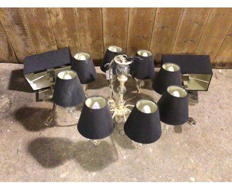 A silvered pendant light fitting with glass and metal central support, with eight branches, with associated silver square sha