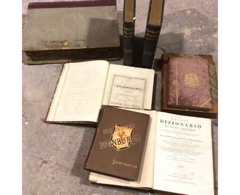 A collection of books, including a late 18thc/early 19thc sheet music book, the front entitled Elizabeth and spine inscribed 