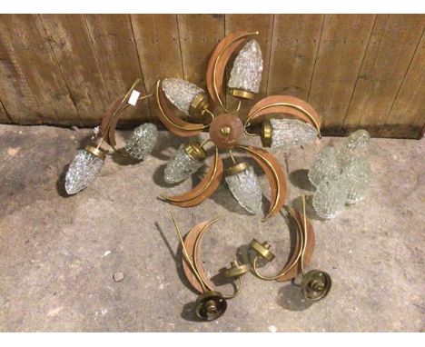 A 1950s/60s French pendant light with curved teak panels, separated by pine cone shaped glass lights on brass frame with matc