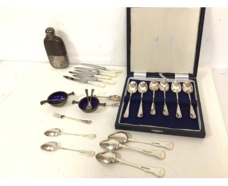 A set of three 1863 Glasgow silver spoons and two other 19thc Glasgow spoons (combined: 70g), a boxed set of six Mappin &amp;