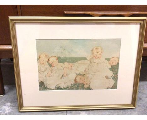 After Maud Humphrey, vintage coloured print, Pastoral scene: Children Sleeping (23cm x 35cm)