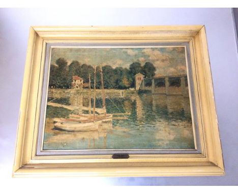 After Claude Monet, The Bridge at Argentuil, canvas print, red L within circle bottom right, possibly indicating a Louvre app
