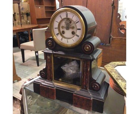A Victorian slate mantel clock,  with roman numerals, on architectural style base, one panel missing to side (41cm x 35cm x 1