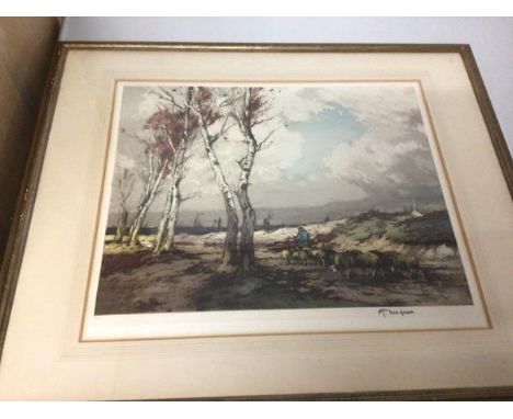An early 20thc coloured print, Shepherd with Flock, signed bottom right (50cm x 60cm)