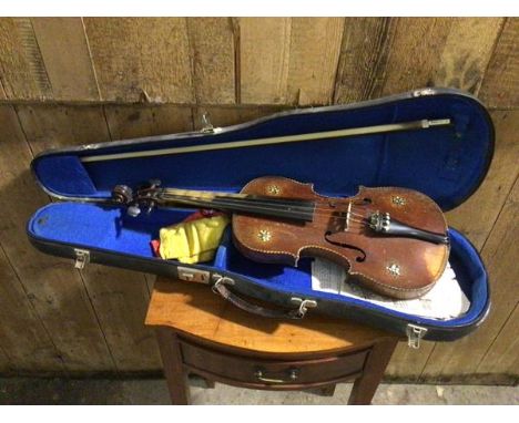 A late 19thc/early 20thc violin with mother of pearl inlaid stars to corners and internal label Giovan Paolo Maggini Brefcia 