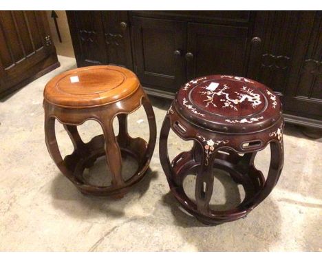 Two Chinese hardwood verandah stools, one with mother of pearl inlay (45cm x 36cm)