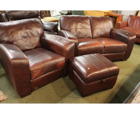 Modern brown leather 2 seater sofa, single armchair and footstool