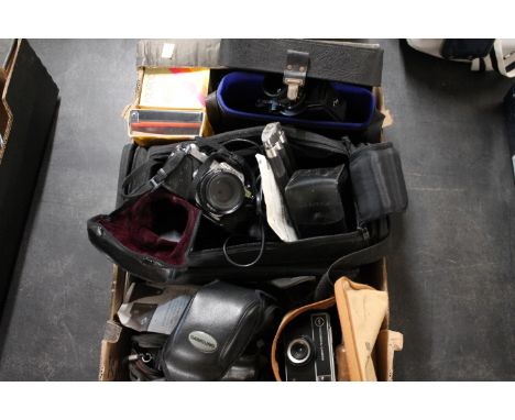 Box of vintage camera equipment - Pentax ME Super camera and accessories, Sankyo zoom cine camera and other instamatic camera