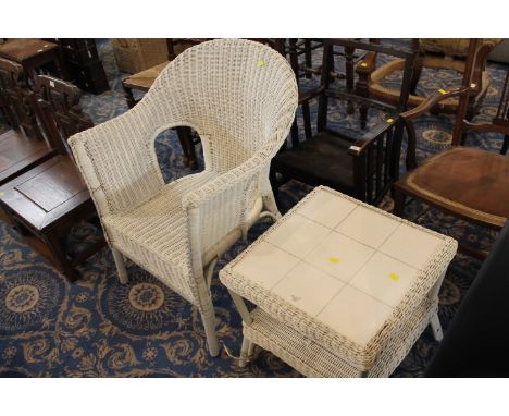 White woven conservatory chair and complimentary tile topped occasional table