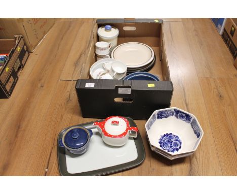 Wedgwood Golden Jubilee bowl, Denby plates, Royal Albert teacups, Poole pottery storage jar etc