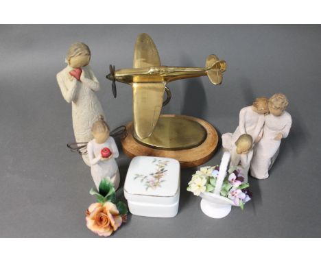 Basket of Willow Tree ornaments, china, trinkets, flower baskets, brass model aeroplane