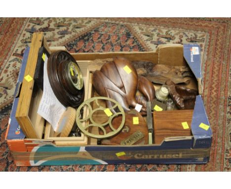 Box of sextant, compass, carvings, barometer, empty whisky box etc