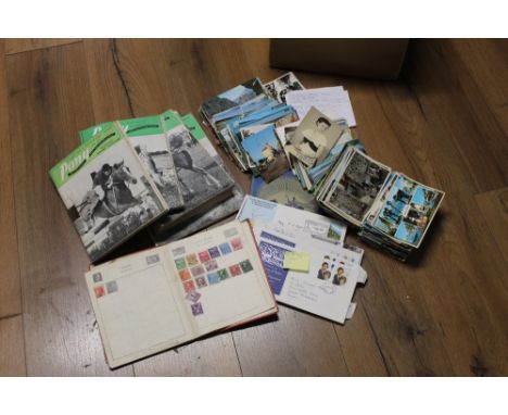 Box of postcards, First Day Covers, two stamp albums and pony magazines from the 60's