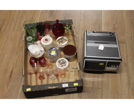 Box of glassware, vases, trinket pots, etc, and Toshiba portable colour TV Model C690B