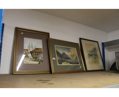 William Heaton Cooper print, continental scene signed by Ruby Johnson and indistinctly signed rural scene 