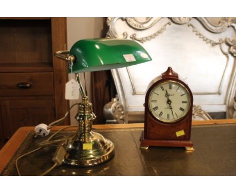 Desk lamp with green glass shade and Churchill quartz Westminster chime mantle clock 