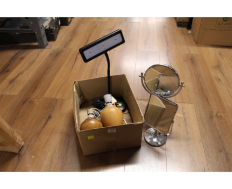 Pair of wooden lamp bases, two shaving mirrors and halogen desk lamp