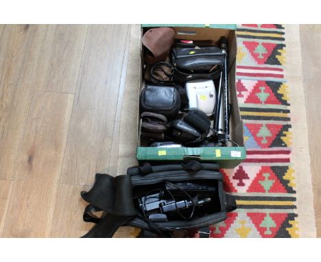 Box of vintage camera equipment - Polaroid cameras, Brownie camera, National M200 Model VHS movie camera etc