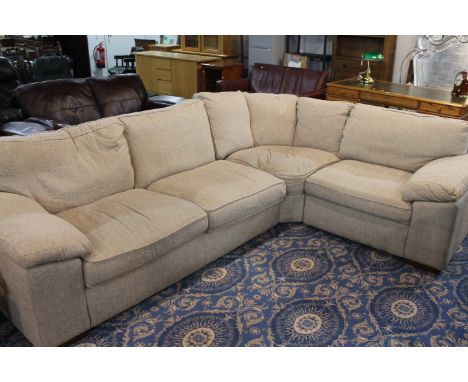 Modern beige upholstered corner sofa, widest section 280 cm, 90 cm deep