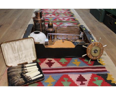 Box of copper candle holders, coat racks, barometer, vase, fish cutlery set etc