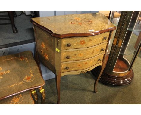 To match lot 568, ornate inlaid green French style three drawer commode chest, height 75 cm, width 65 cm, depth 25 cm