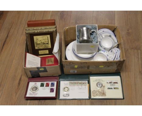 Box of Doulton Blueberry pattern part tea set, small collection of First Day Covers, tankard and two railway pictures 