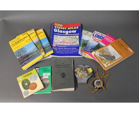 OS Maps, vintage AA badge and handbook, compass etc