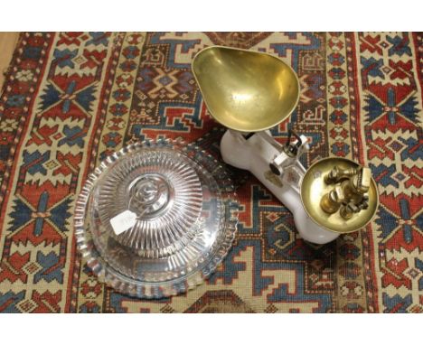 Glass cheese or cake dome and Librasco scales with weights 