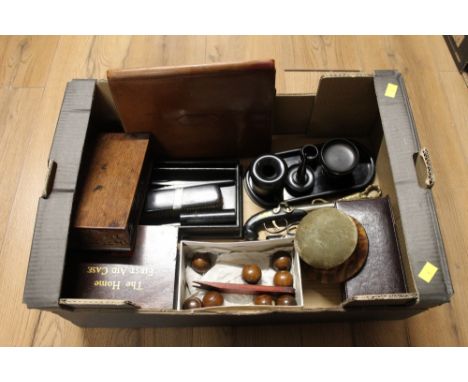 Gentleman's grooming kit, wooden desk top pool balls, pin cushion, home first aid case, leather document wallet, pistol light
